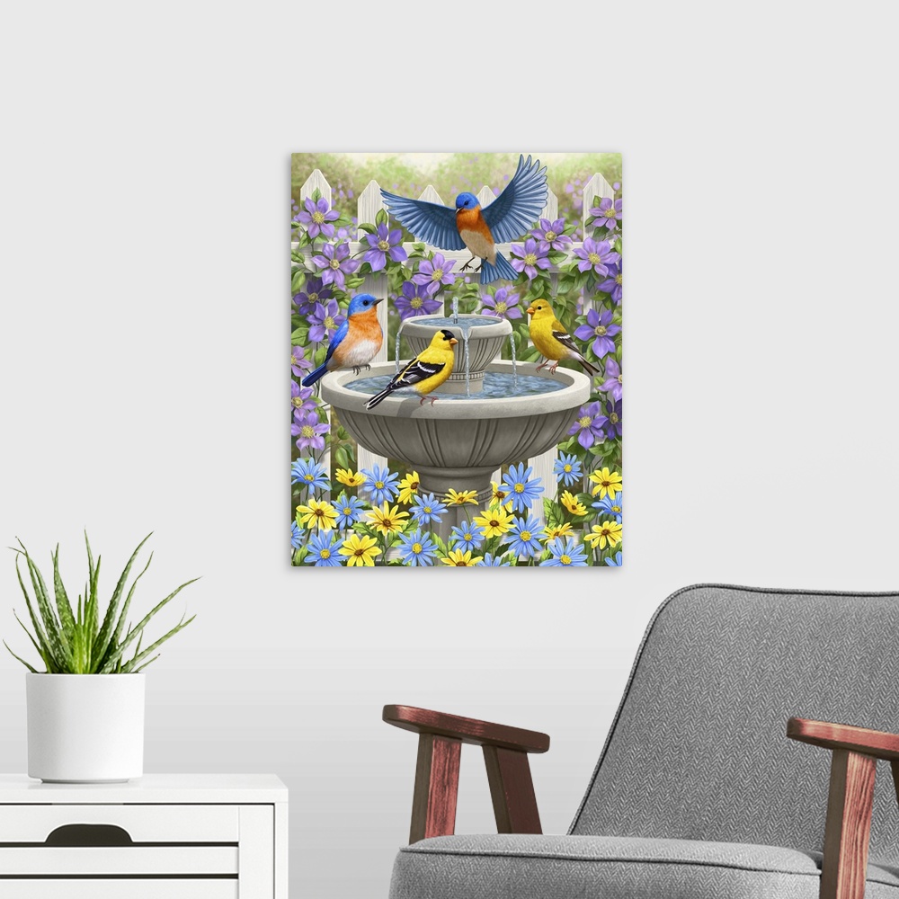 A modern room featuring Bluebirds and goldfinches bathing in a bird bath.