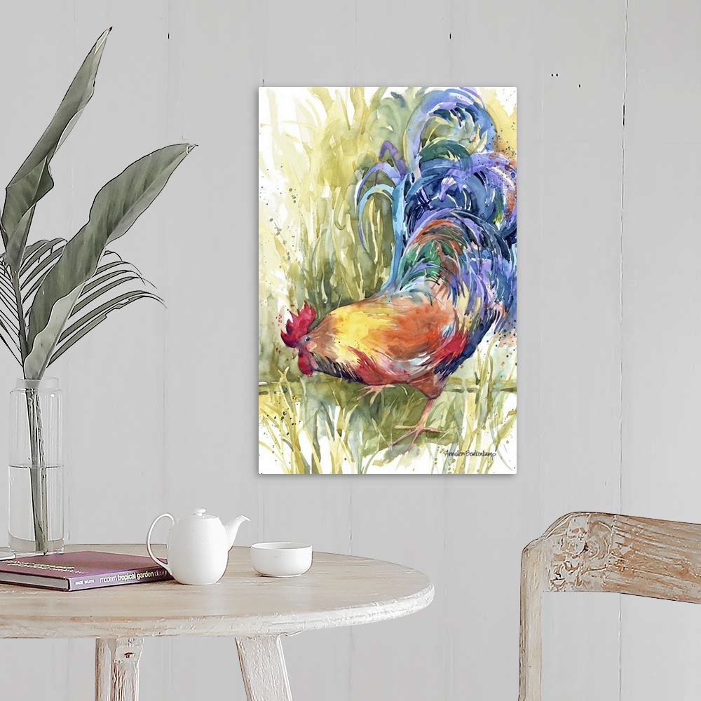 A farmhouse room featuring Contemporary watercolor painting of a rooster.