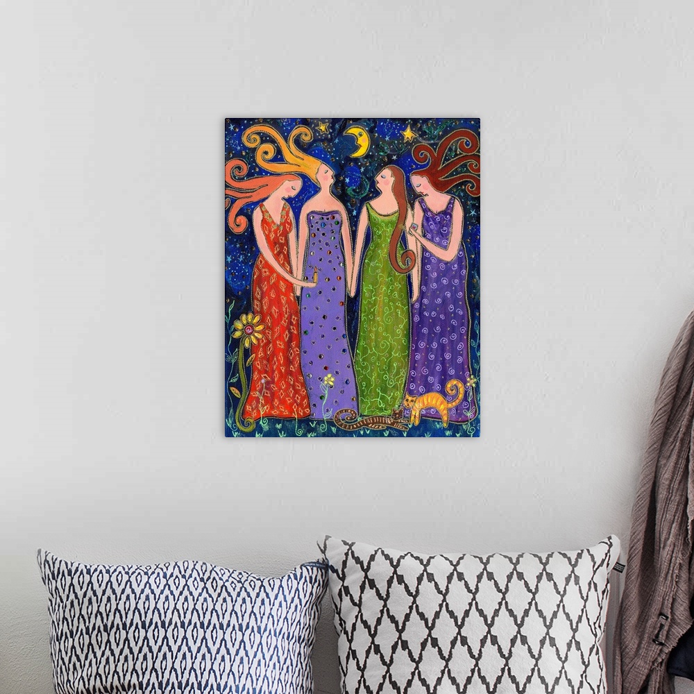 A bohemian room featuring Four women in long dresses standing under the night sky.