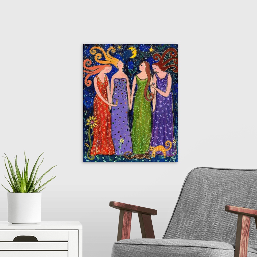 A modern room featuring Four women in long dresses standing under the night sky.