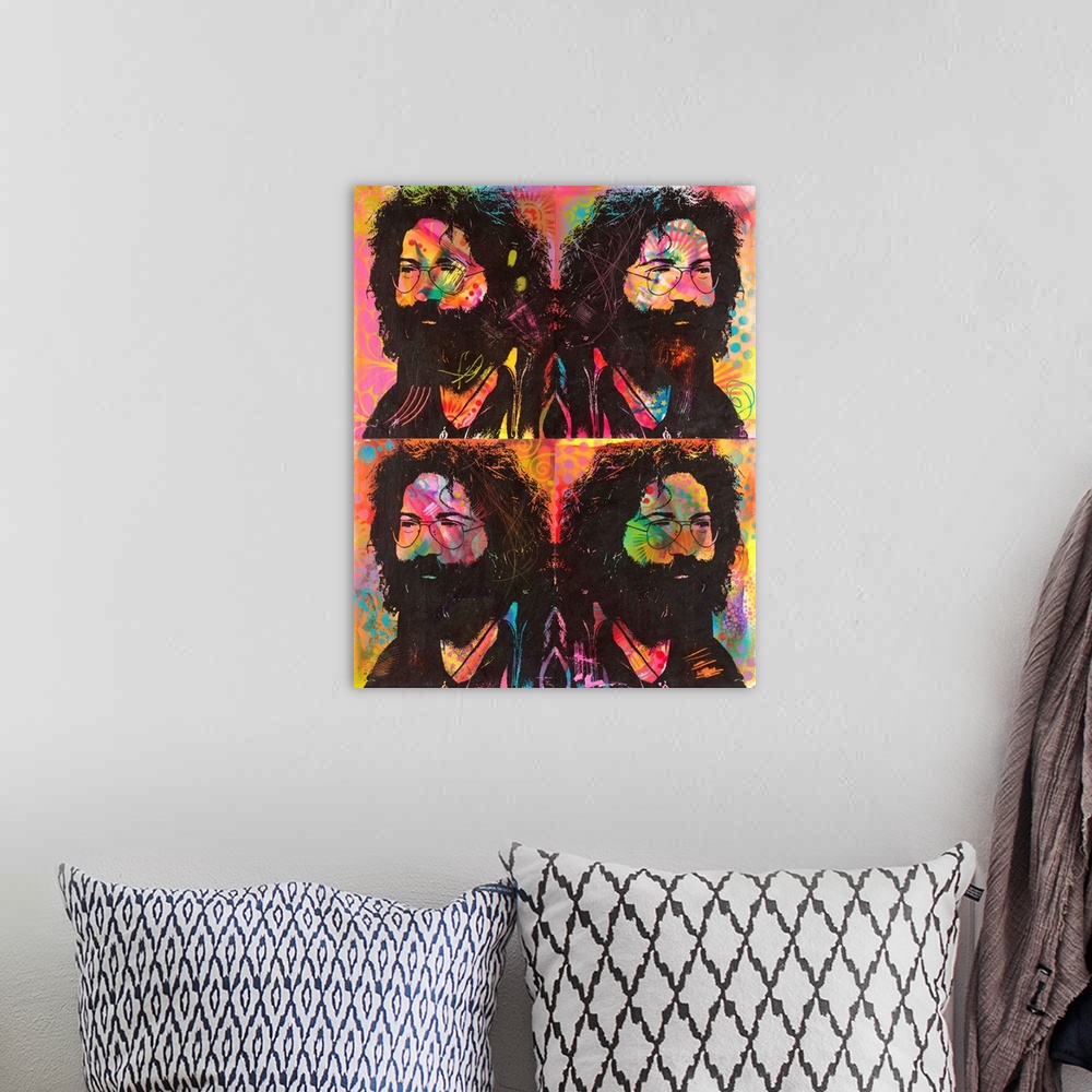 A bohemian room featuring Four square illustrations of Jerry Garcia on a colorful, graffiti-style background.