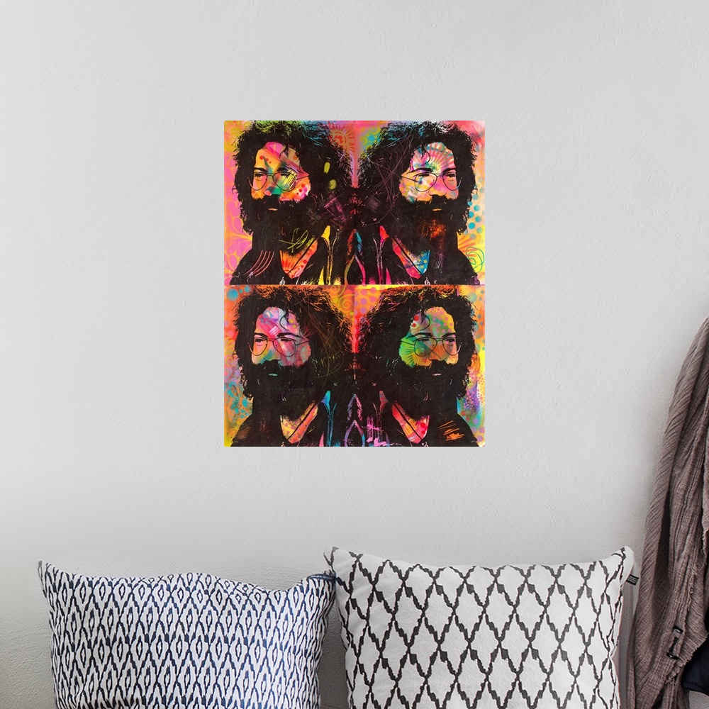 A bohemian room featuring Four square illustrations of Jerry Garcia on a colorful, graffiti-style background.