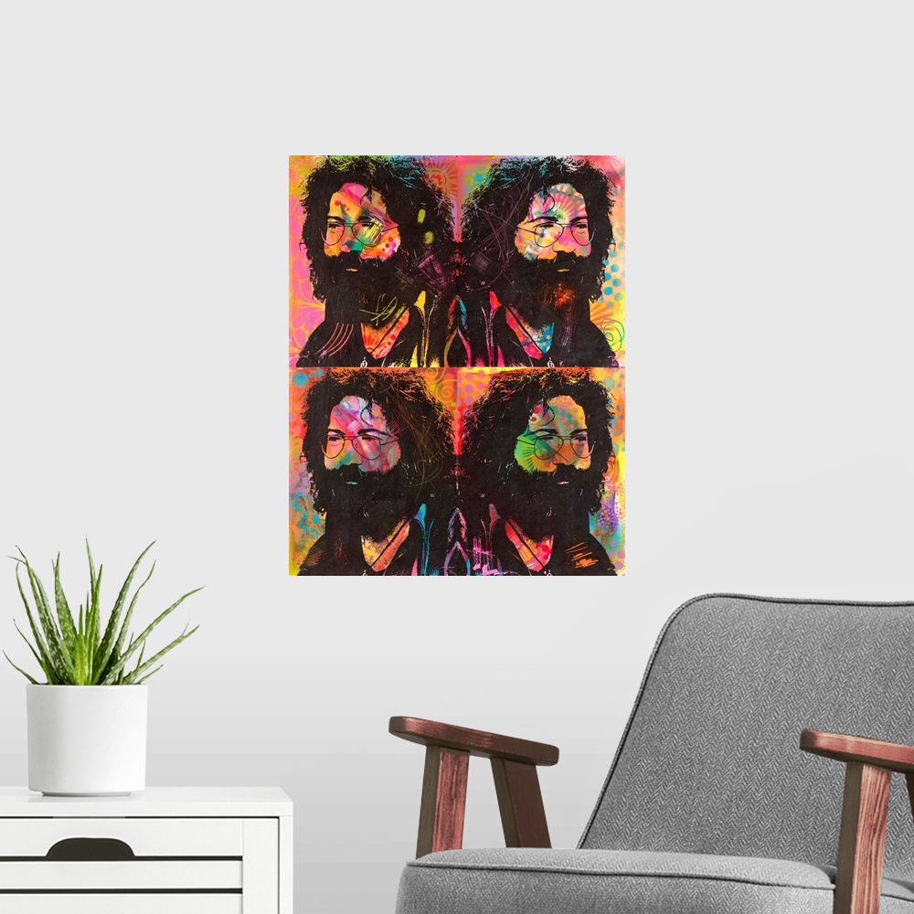 A modern room featuring Four square illustrations of Jerry Garcia on a colorful, graffiti-style background.