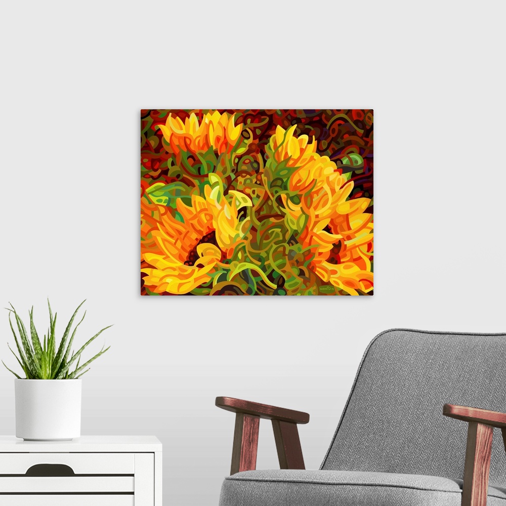 A modern room featuring Four Sunflowers