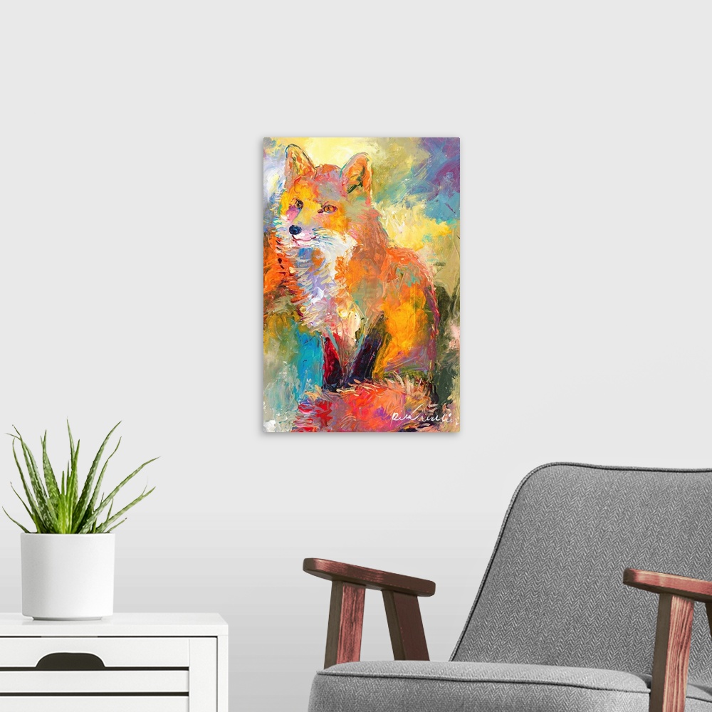 A modern room featuring Colorful abstract painting of a fox.