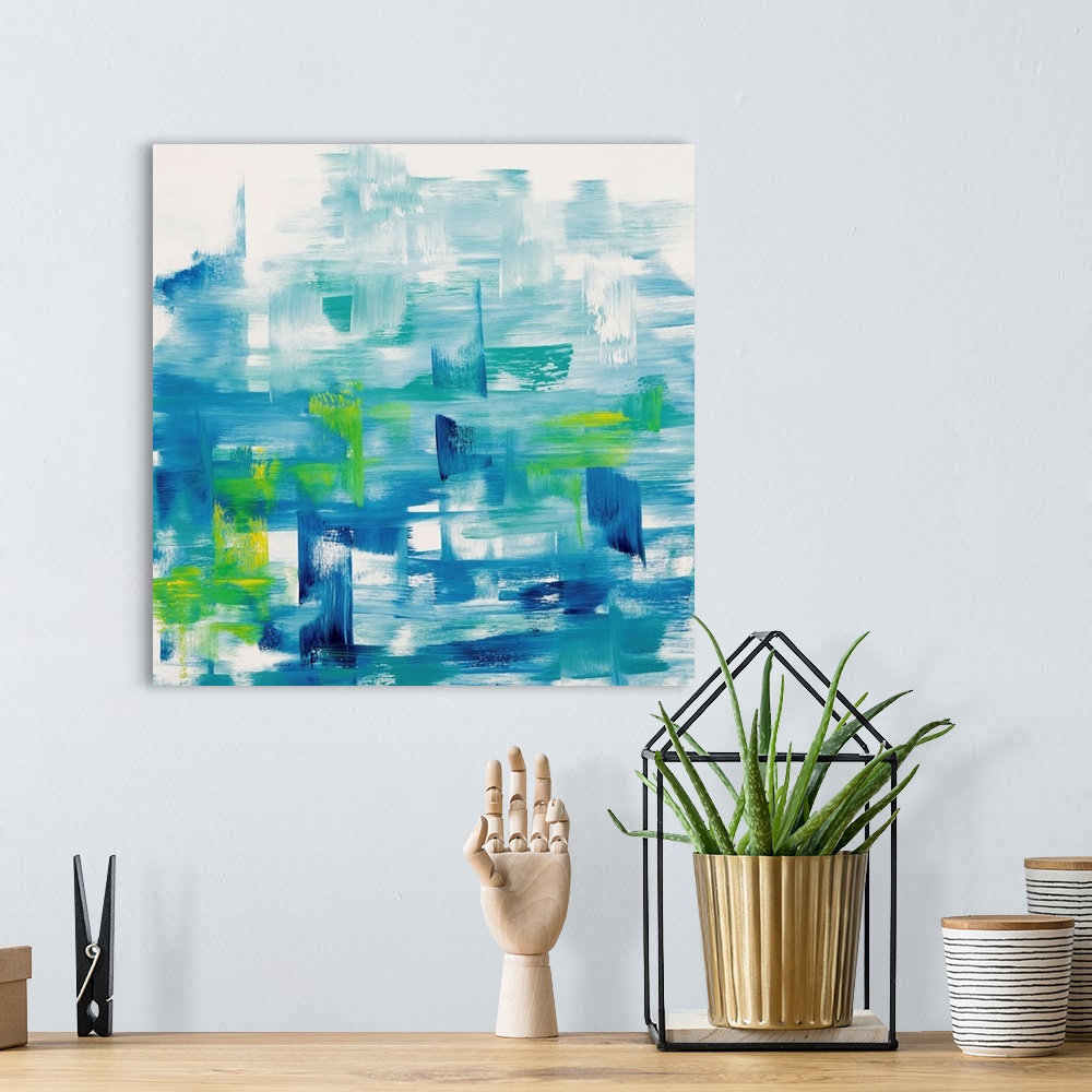 A bohemian room featuring A contemporary abstract painting using vibrant tones of blue and green in horizontal movements ag...