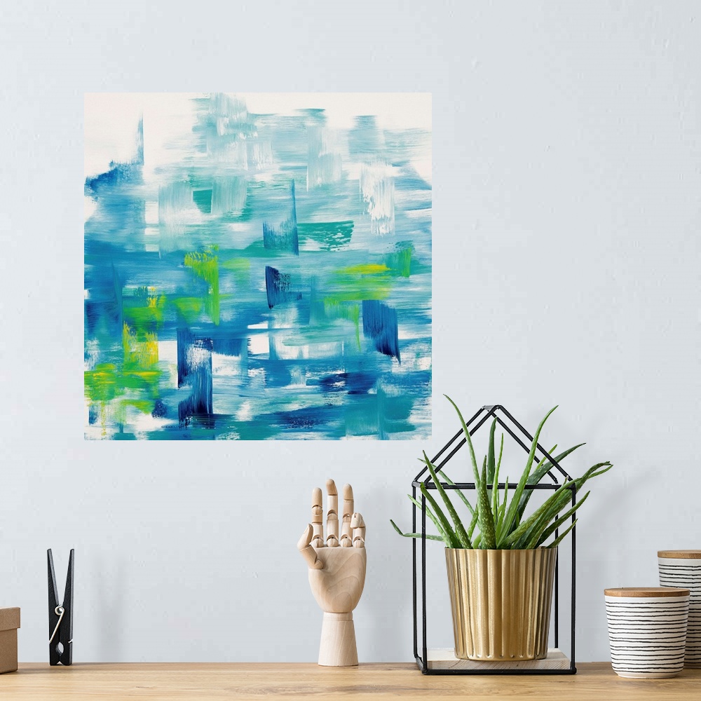 A bohemian room featuring A contemporary abstract painting using vibrant tones of blue and green in horizontal movements ag...