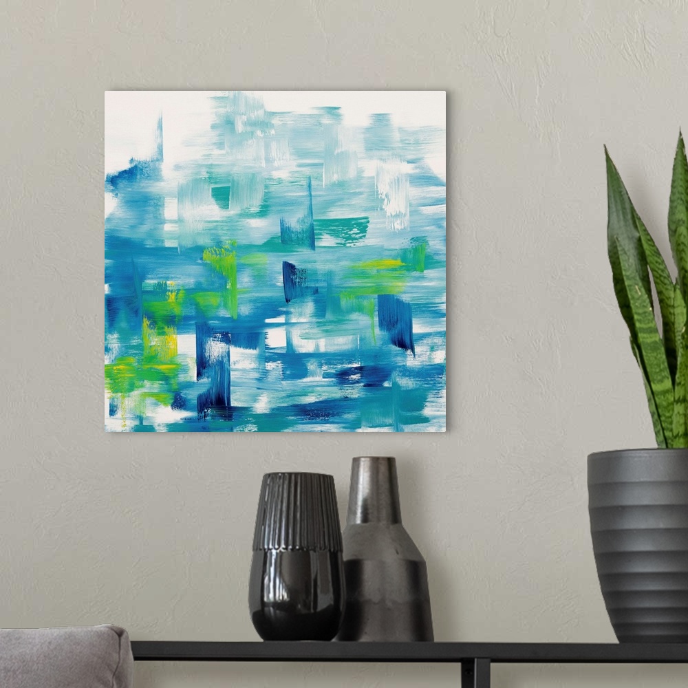 A modern room featuring A contemporary abstract painting using vibrant tones of blue and green in horizontal movements ag...