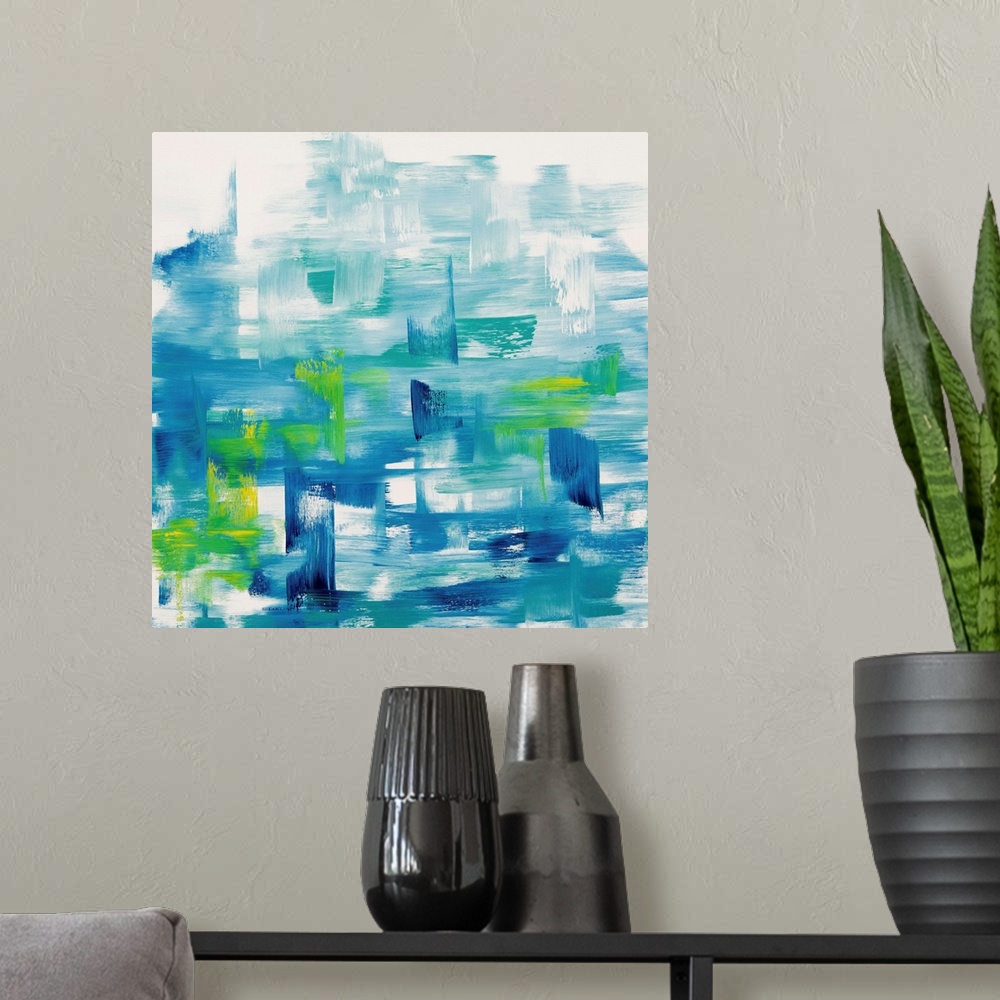 A modern room featuring A contemporary abstract painting using vibrant tones of blue and green in horizontal movements ag...