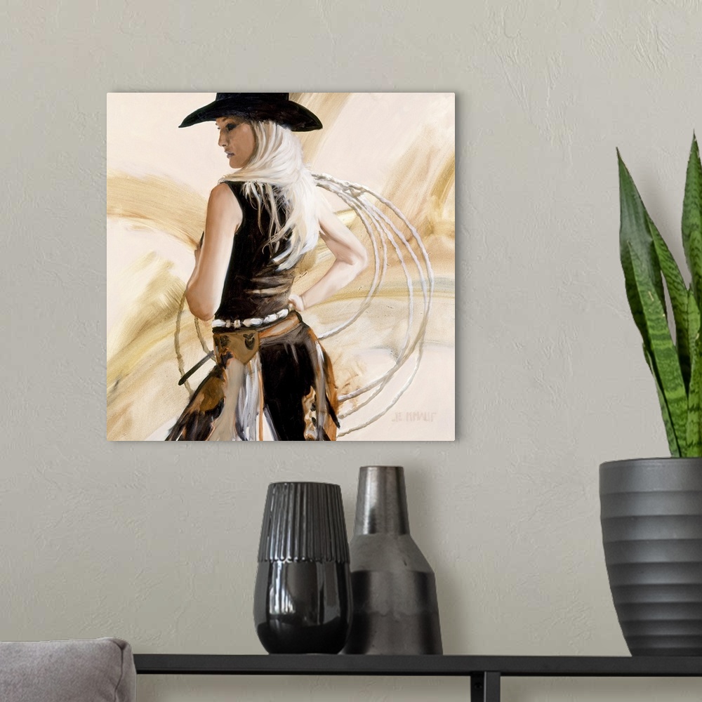 A modern room featuring Contemporary western theme painting of a cowgirl in black holding a lasso up.