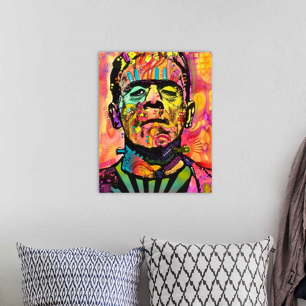 A bohemian room featuring Graffiti style illustration of Frankenstein with different colors and abstract markings all over.