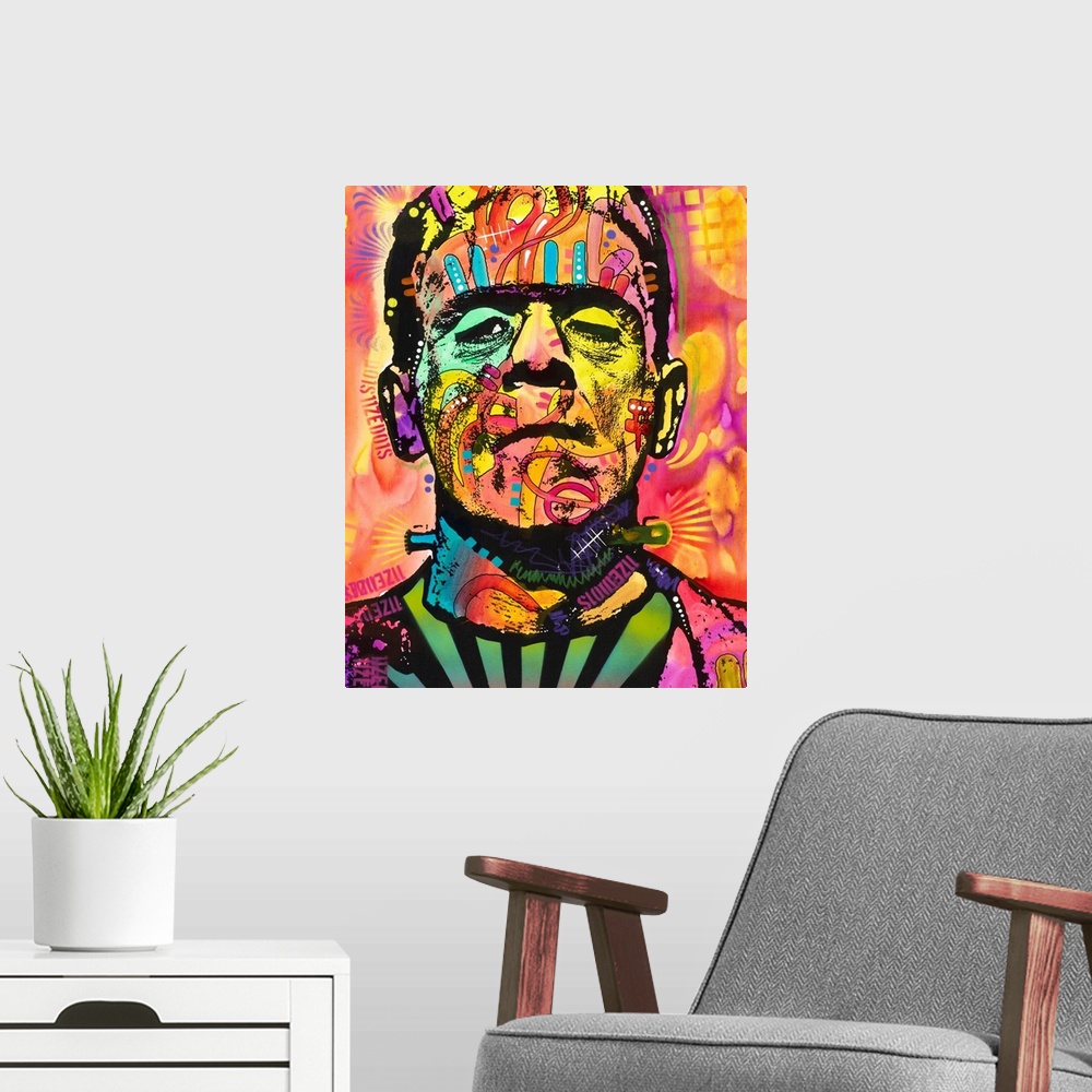 A modern room featuring Graffiti style illustration of Frankenstein with different colors and abstract markings all over.