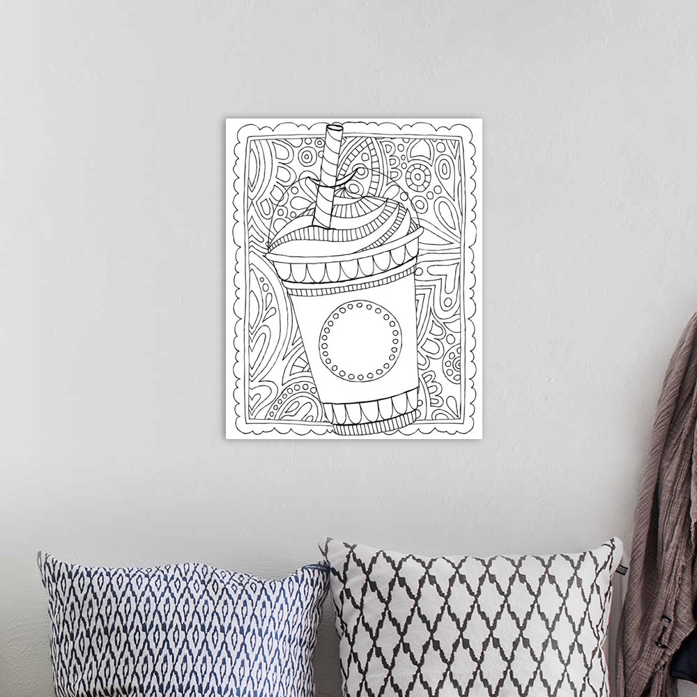 A bohemian room featuring Black and white line art of a frappuccino with a striped straw on an intricately designed backgro...