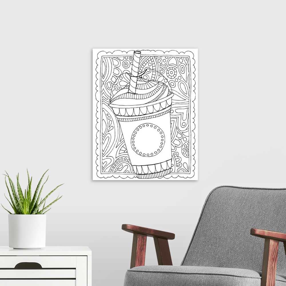 A modern room featuring Black and white line art of a frappuccino with a striped straw on an intricately designed backgro...