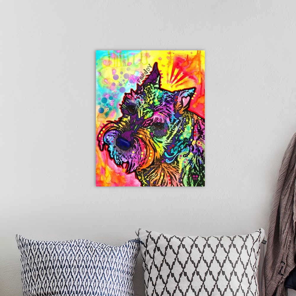 A bohemian room featuring Vibrant painting of a Schnauzer named Freddy with colorful markings and his name handwritten abov...