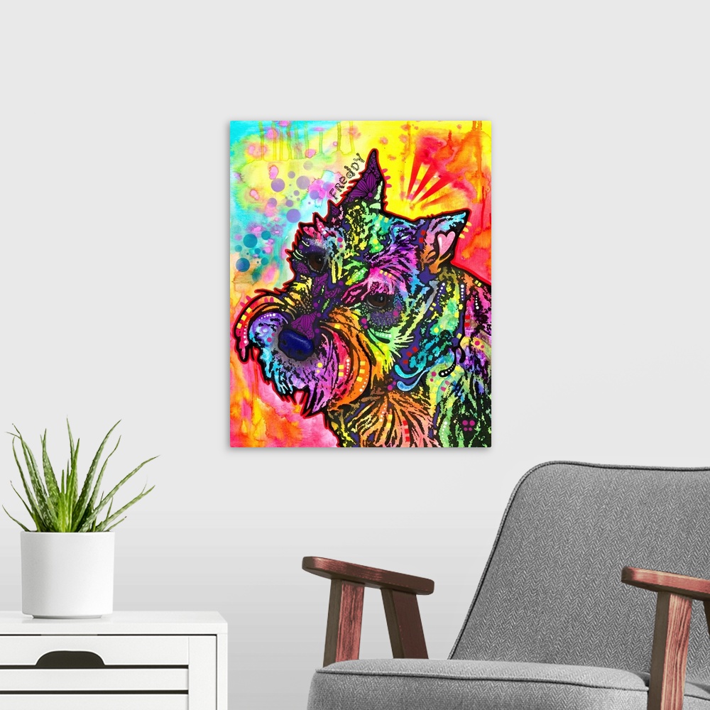 A modern room featuring Vibrant painting of a Schnauzer named Freddy with colorful markings and his name handwritten abov...