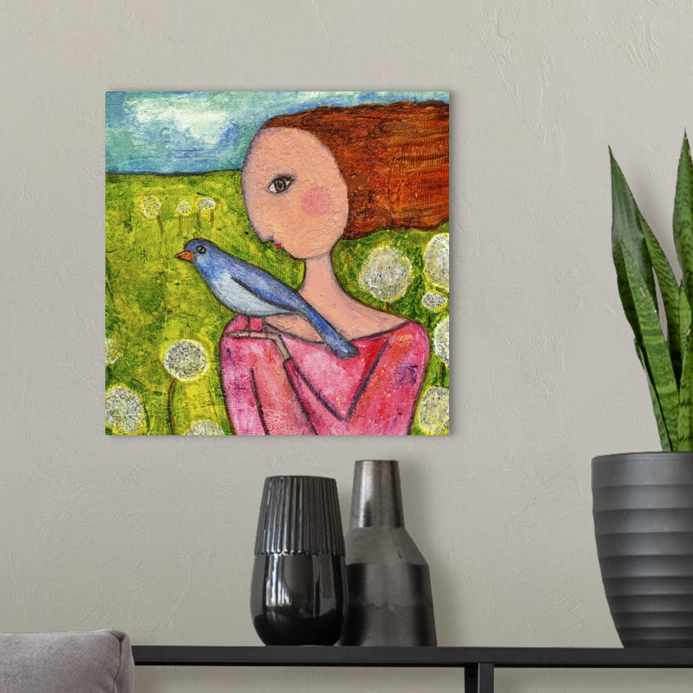 A modern room featuring A woman in pink holding a blue bird in a field of dandelions.