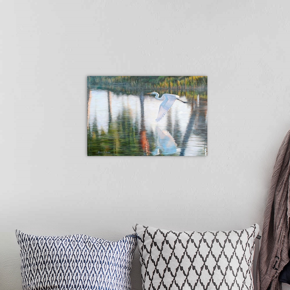 A bohemian room featuring Contemporary artwork of a white Egret in flight