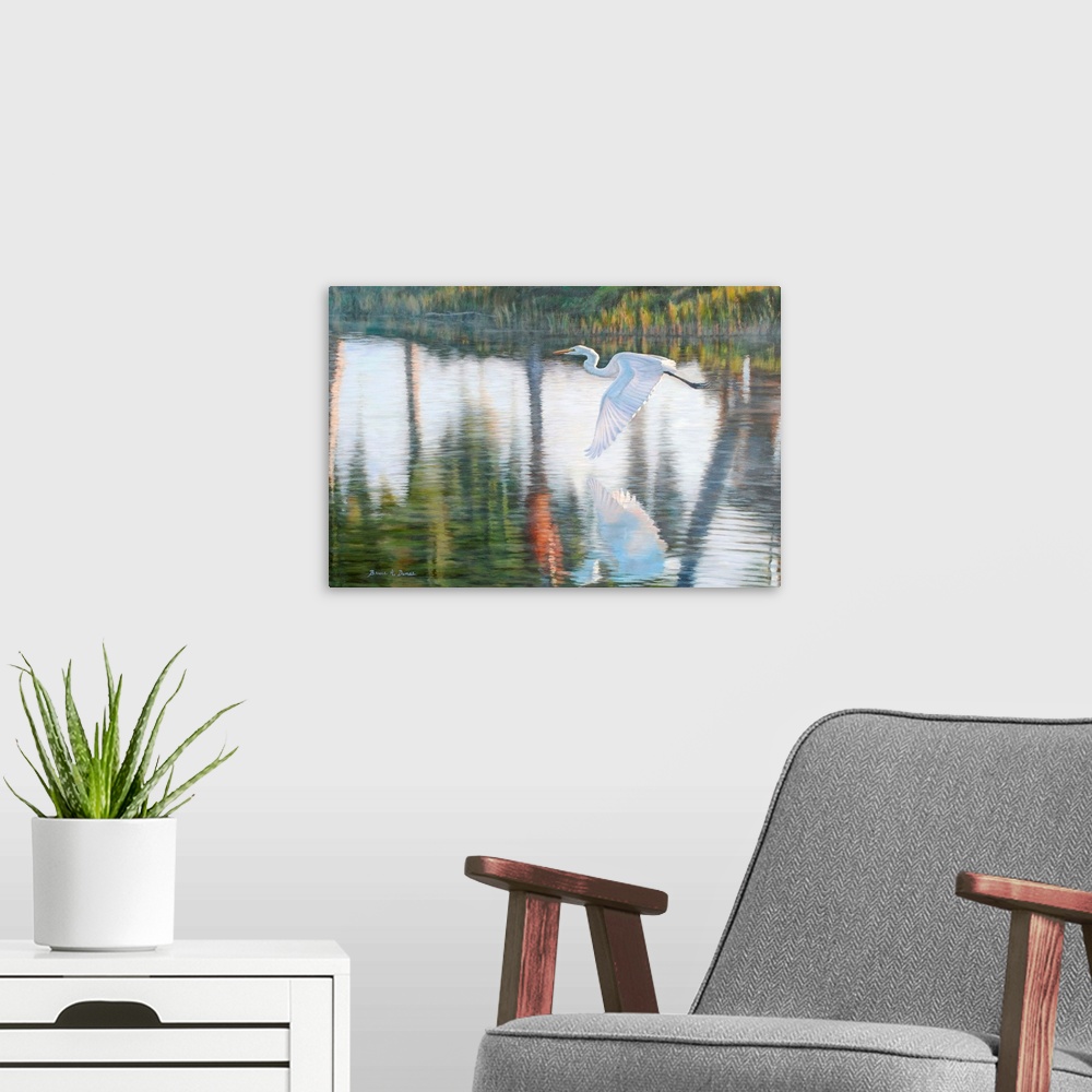 A modern room featuring Contemporary artwork of a white Egret in flight