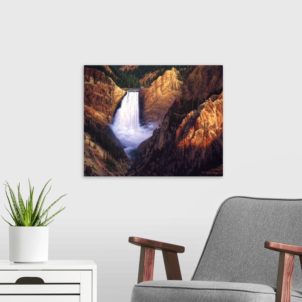 A modern room featuring A waterfall is surrounded by large rocky cliffs in a canyon.