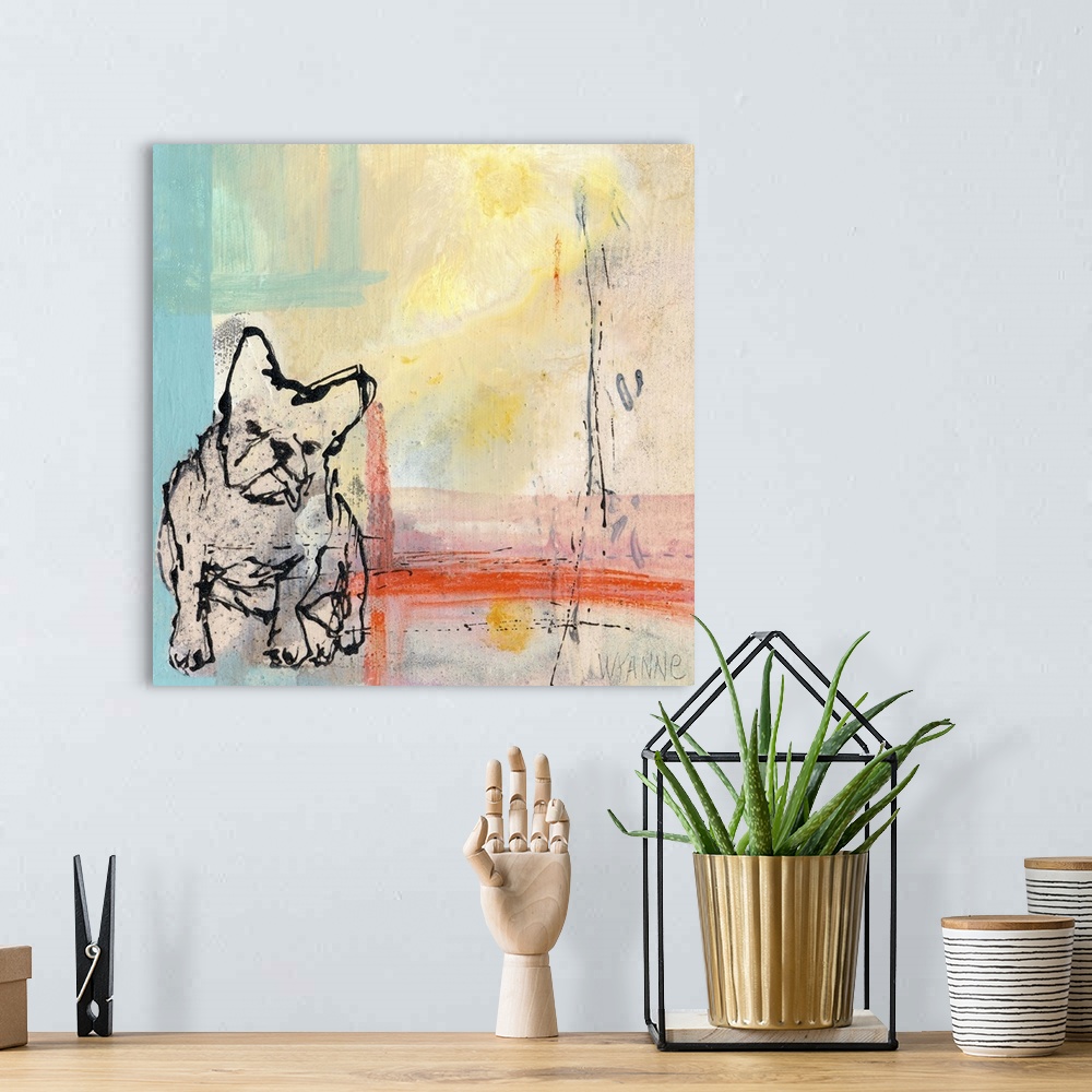 A bohemian room featuring A French Bulldog on an abstract pastel background.