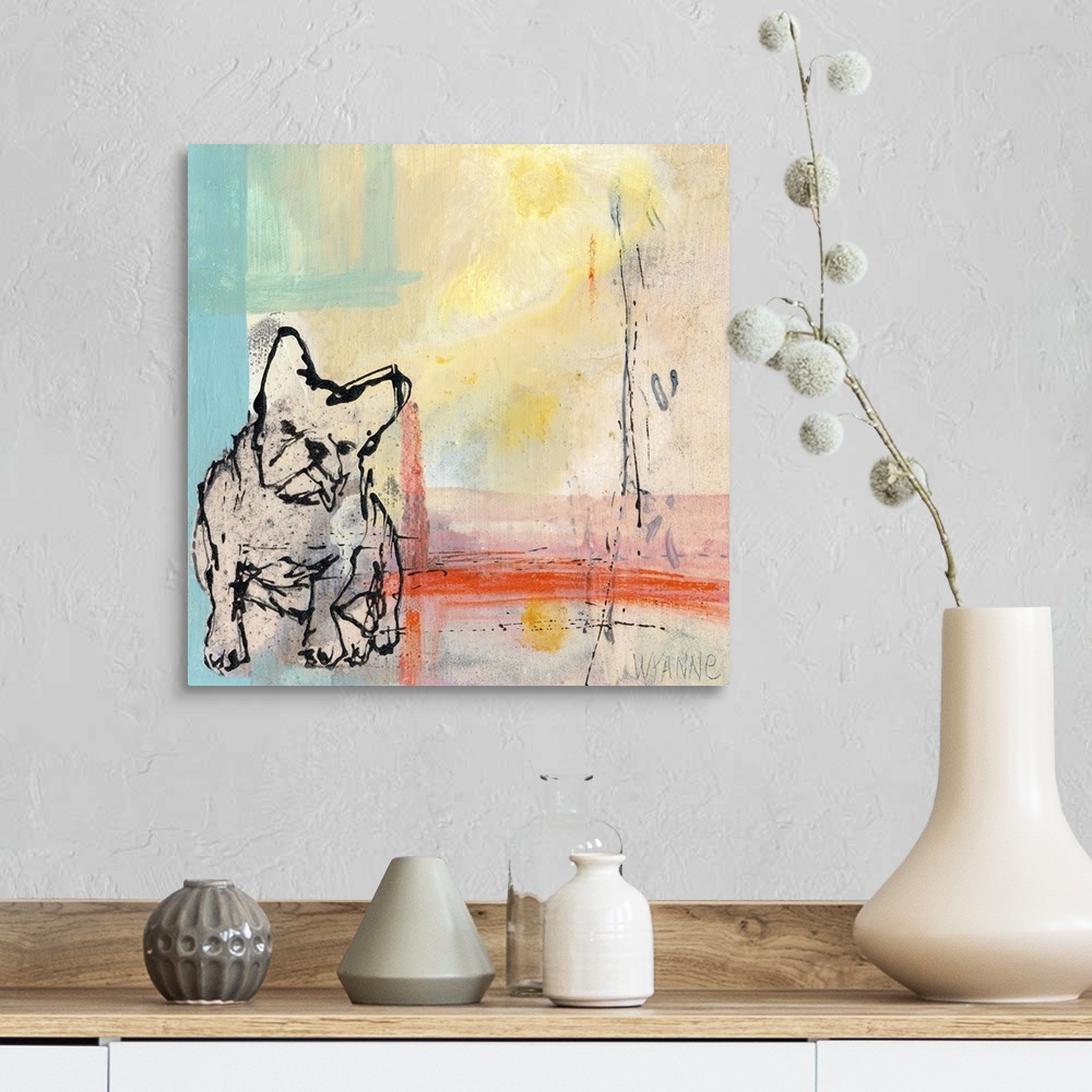 A farmhouse room featuring A French Bulldog on an abstract pastel background.