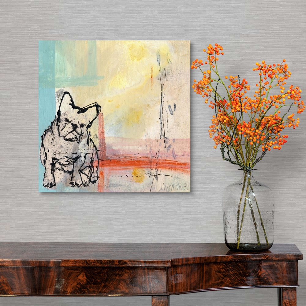A traditional room featuring A French Bulldog on an abstract pastel background.