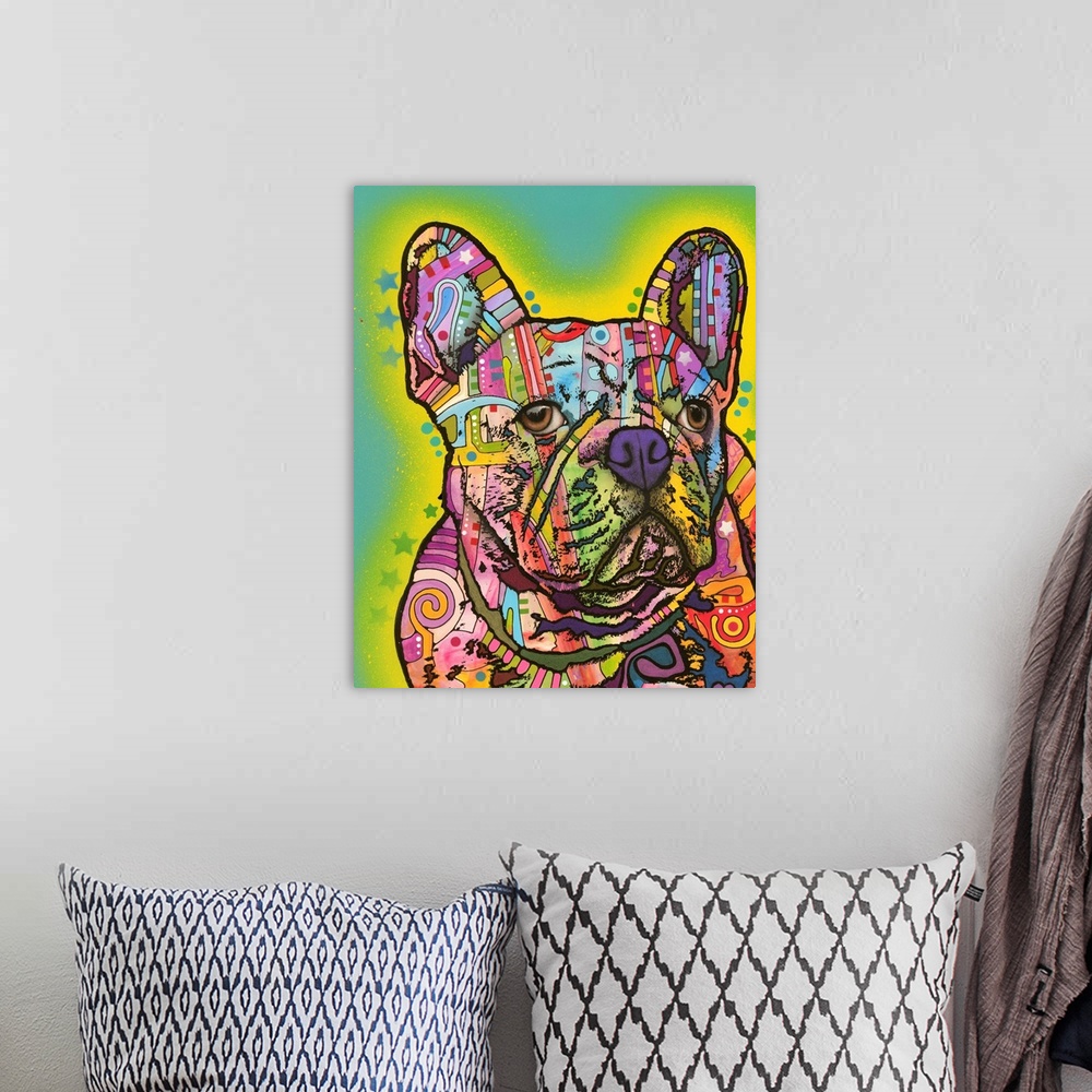 A bohemian room featuring Colorful painting of a French Bulldog with abstract markings on a teal background with a yellow a...