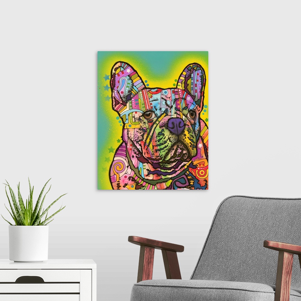 A modern room featuring Colorful painting of a French Bulldog with abstract markings on a teal background with a yellow a...