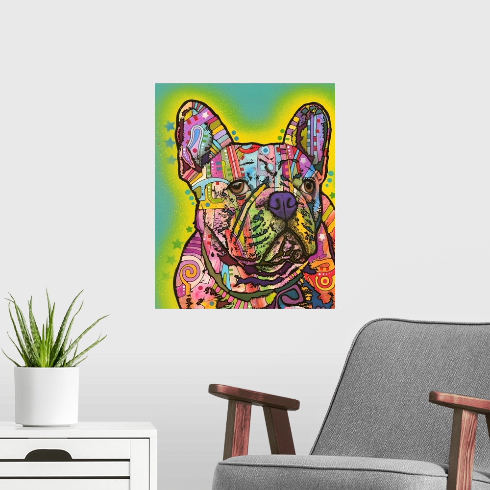 A modern room featuring Colorful painting of a French Bulldog with abstract markings on a teal background with a yellow a...