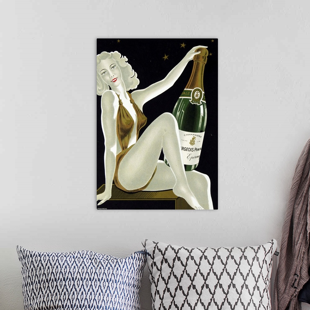 A bohemian room featuring Vintage poster advertisement for French Champagne.