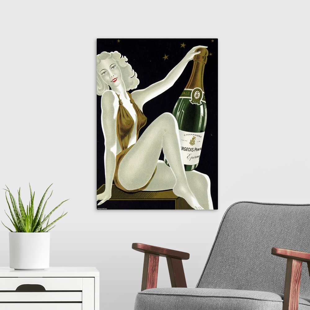 A modern room featuring Vintage poster advertisement for French Champagne.