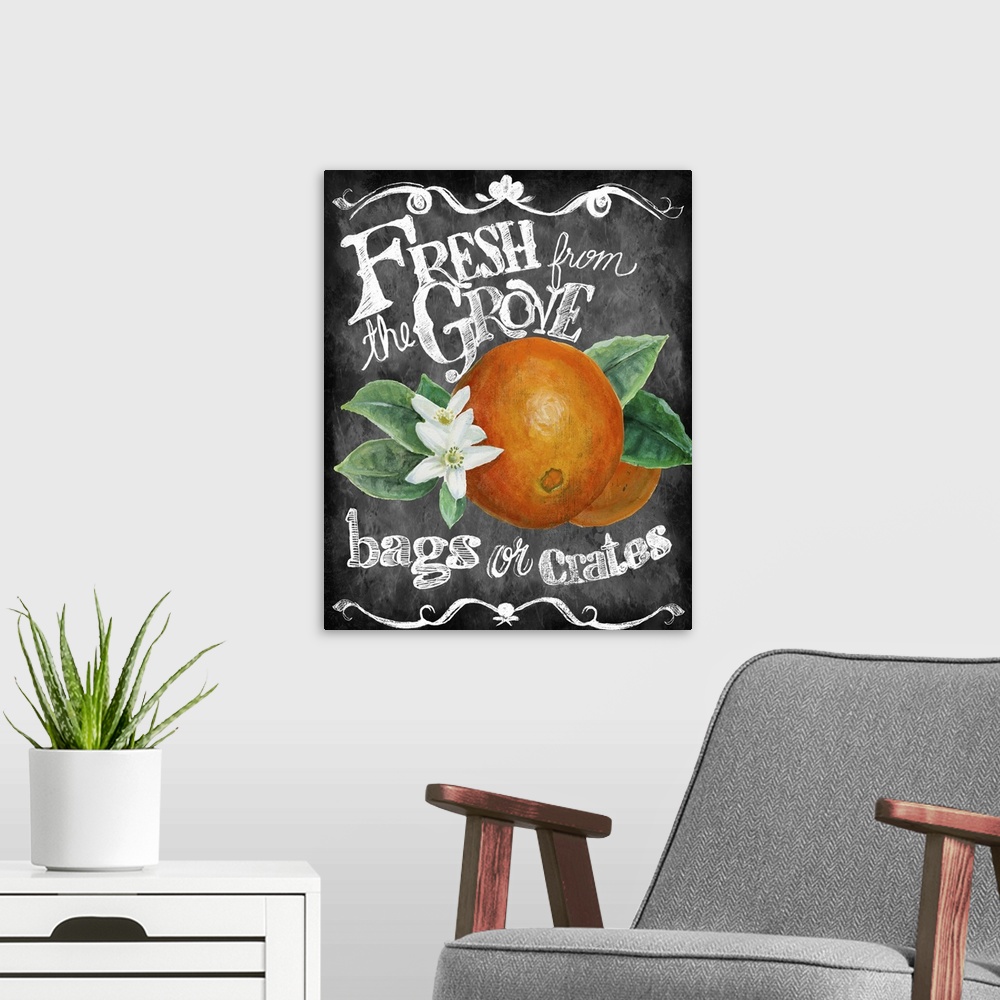A modern room featuring Chalkboard-style sign for fresh fruit from the Farmer's Market.