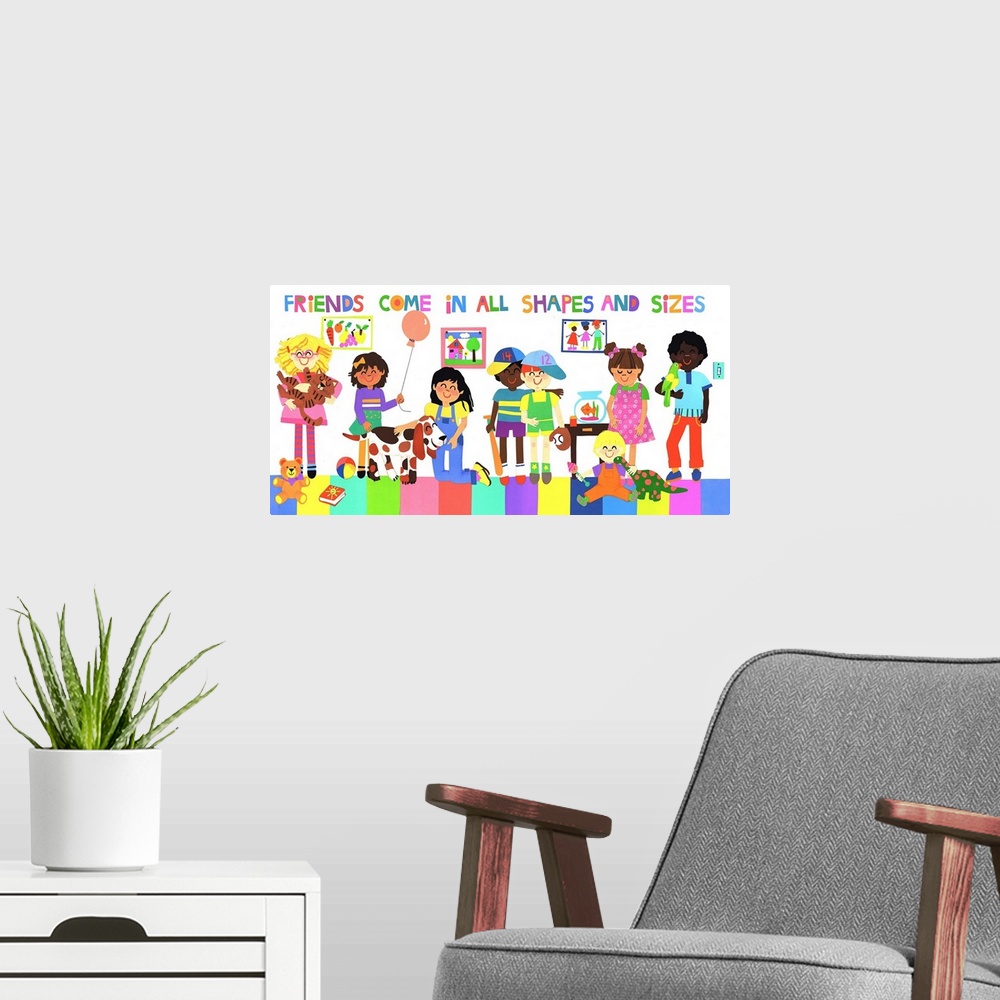 A modern room featuring Group of children of various ethnicities playing together.