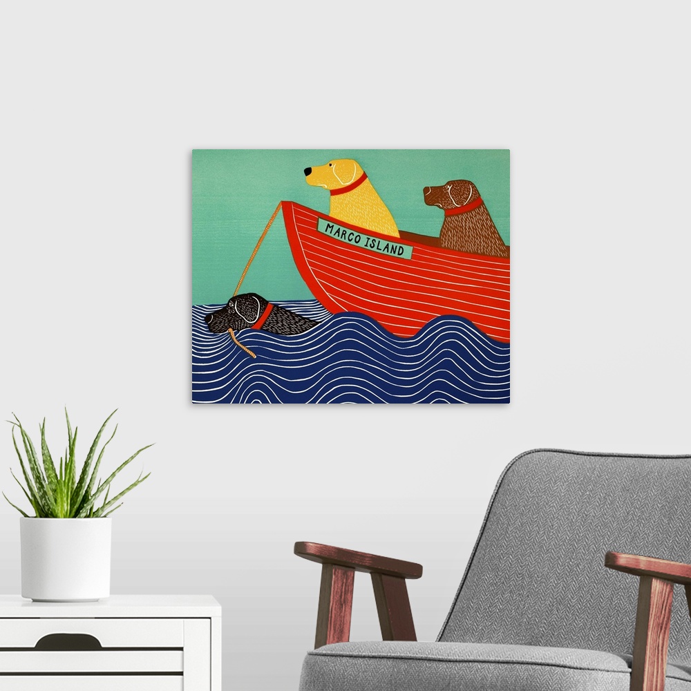 A modern room featuring Illustration of a black lab in the ocean pulling a yellow and chocolate lab in a red boat titled ...