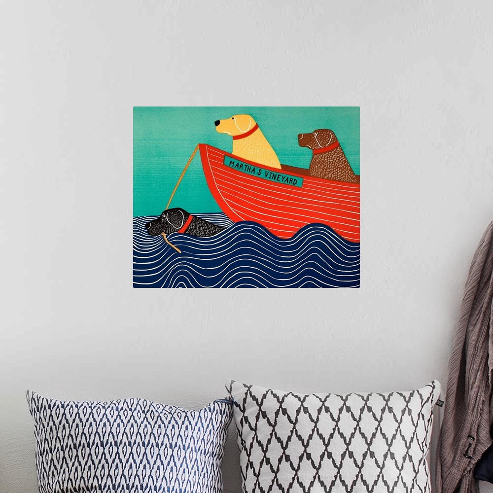 A bohemian room featuring Illustration of a black lab in the ocean pulling a yellow and chocolate lab in a red boat titled ...
