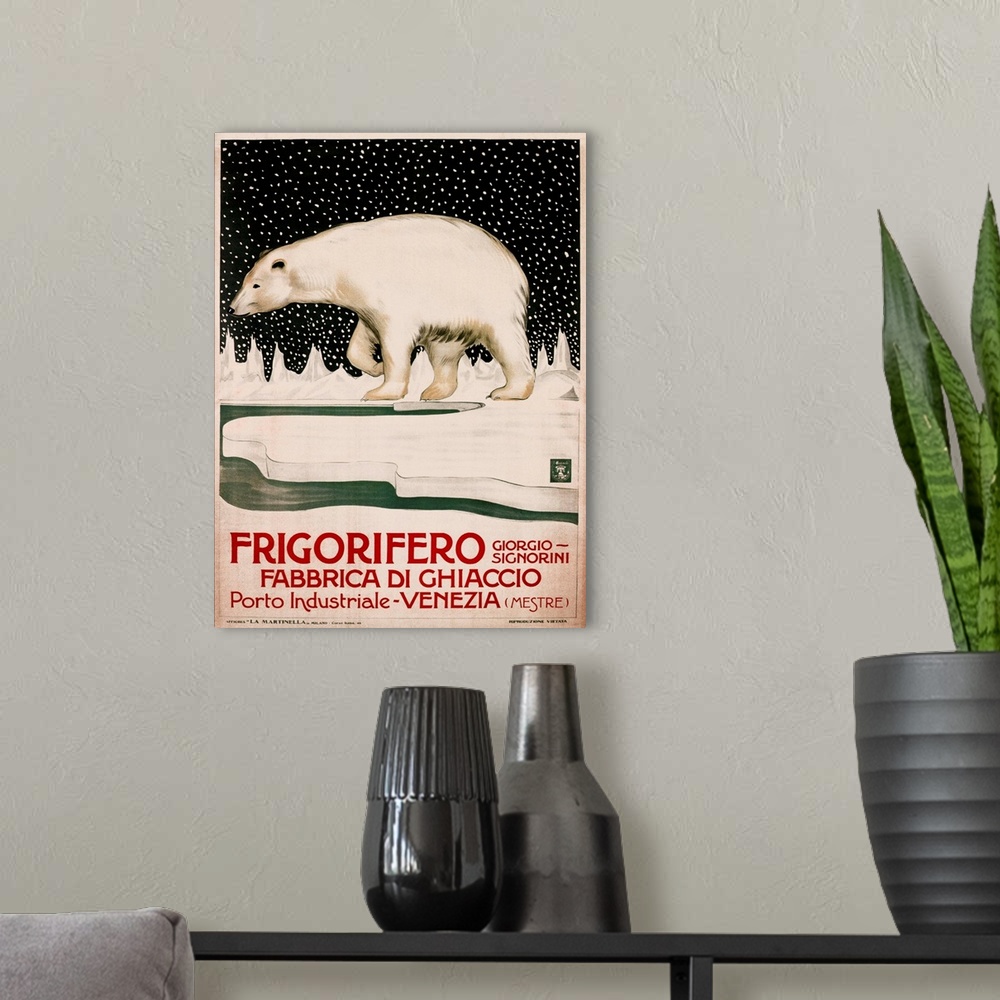 A modern room featuring Vintage advertisement for Frigorifero ice.