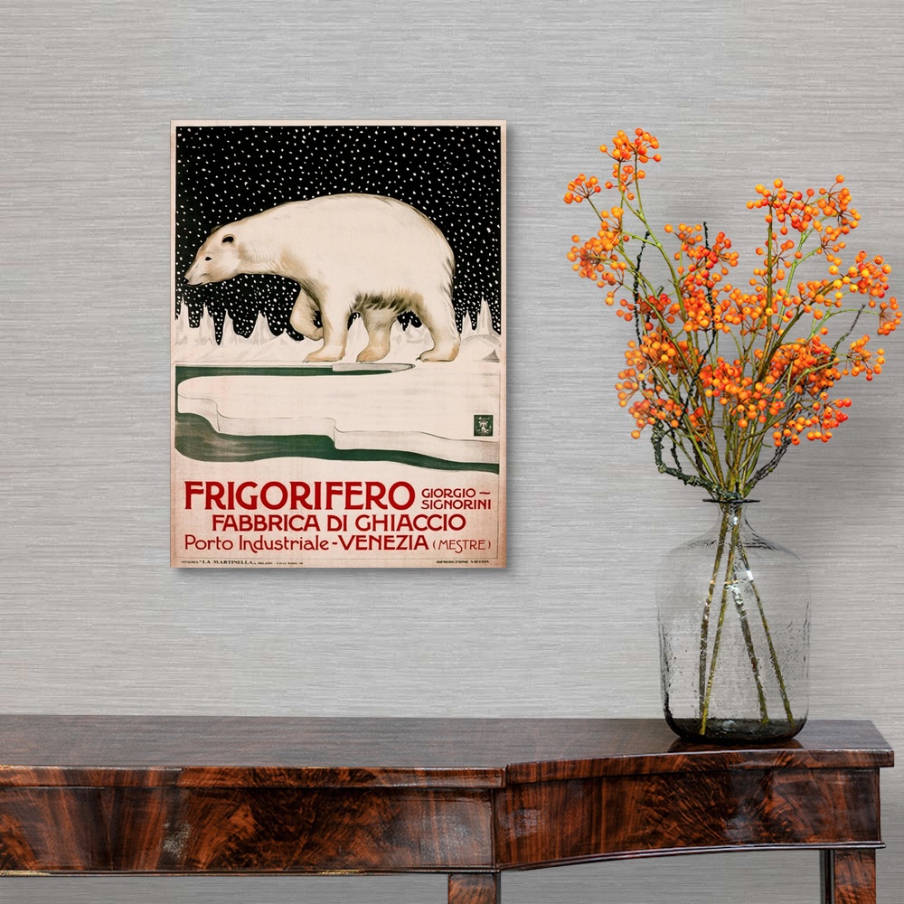 A traditional room featuring Vintage advertisement for Frigorifero ice.