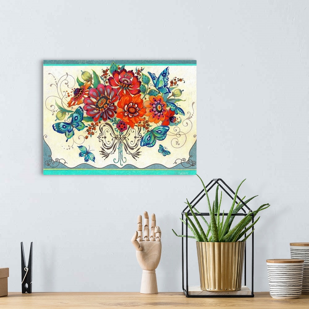 A bohemian room featuring Contemporary artwork of a bouquet of bright and colorful flowers surrounded by butterflies