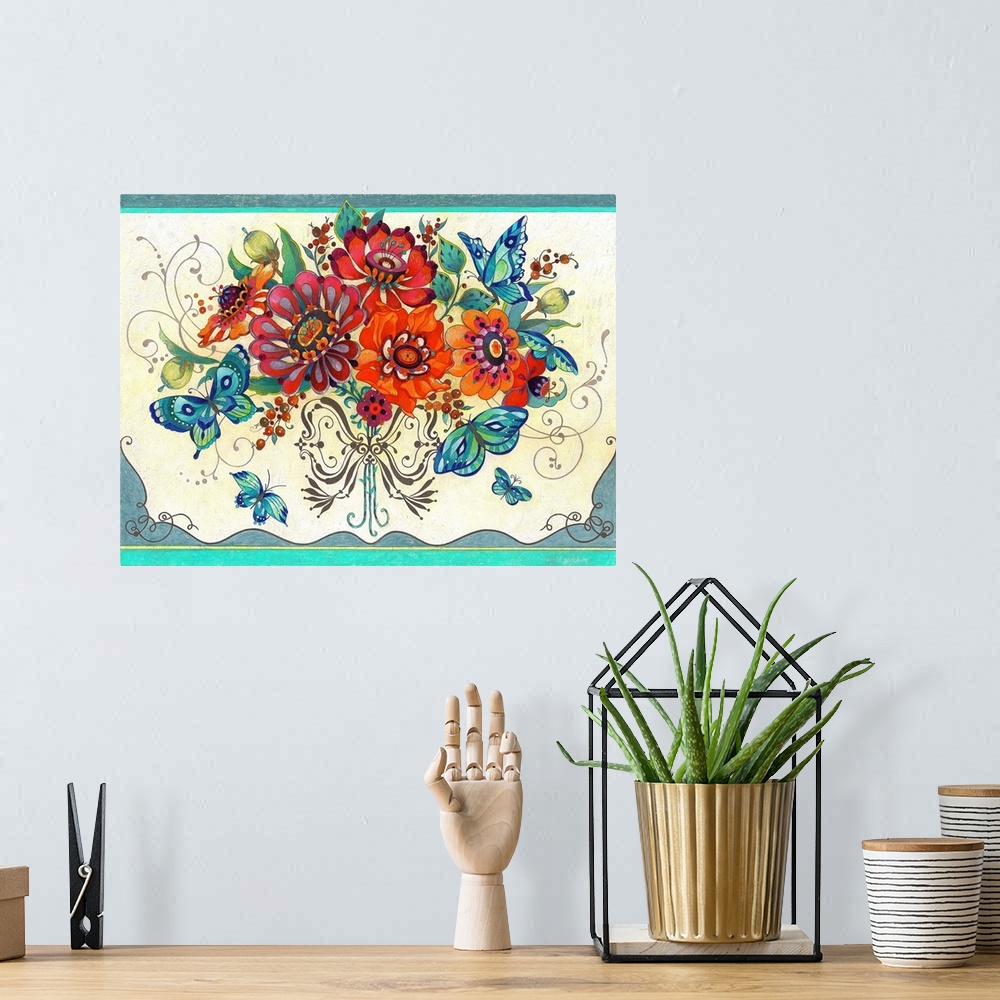 A bohemian room featuring Contemporary artwork of a bouquet of bright and colorful flowers surrounded by butterflies