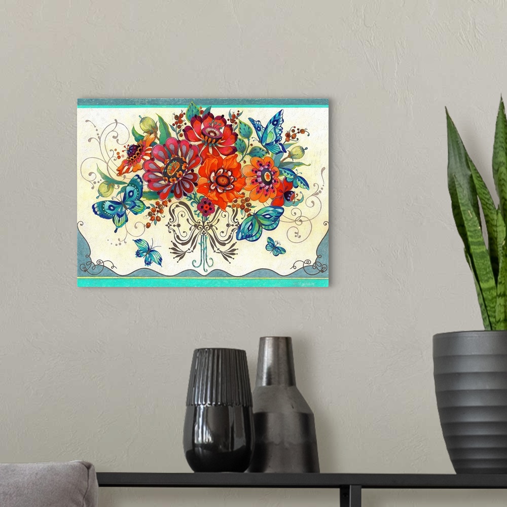 A modern room featuring Contemporary artwork of a bouquet of bright and colorful flowers surrounded by butterflies