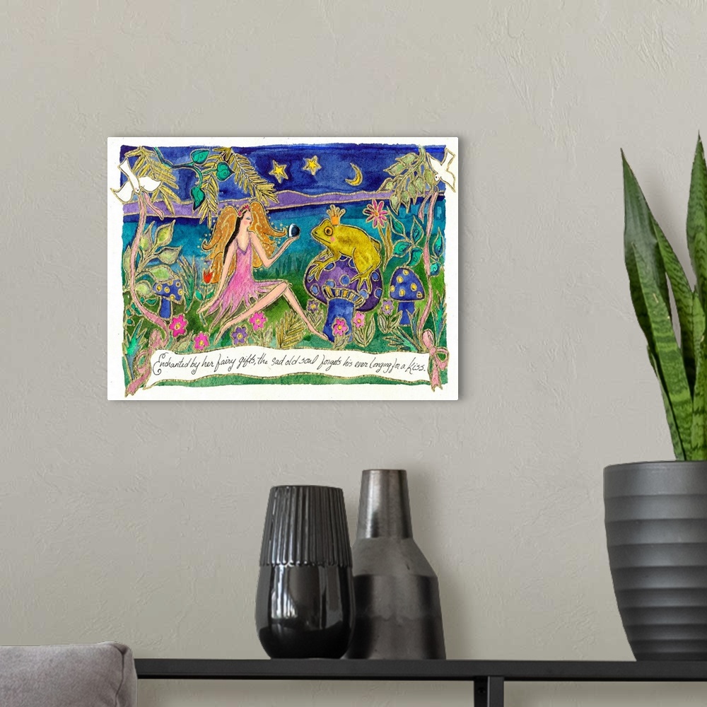 A modern room featuring Painting of a woman talking to a frog on a mushroom wearing a crown.