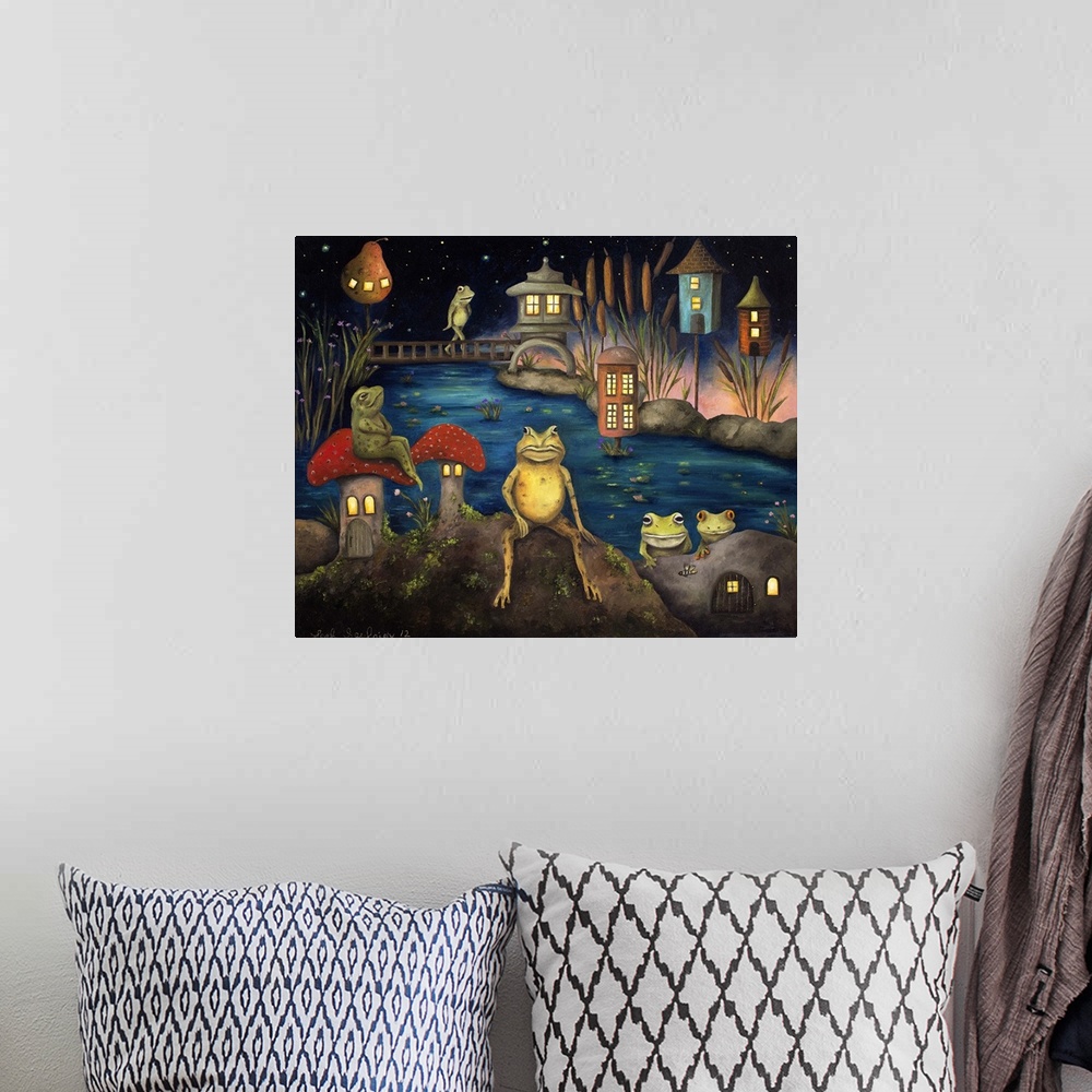 A bohemian room featuring Surrealist painting of a land inhabited by frogs.