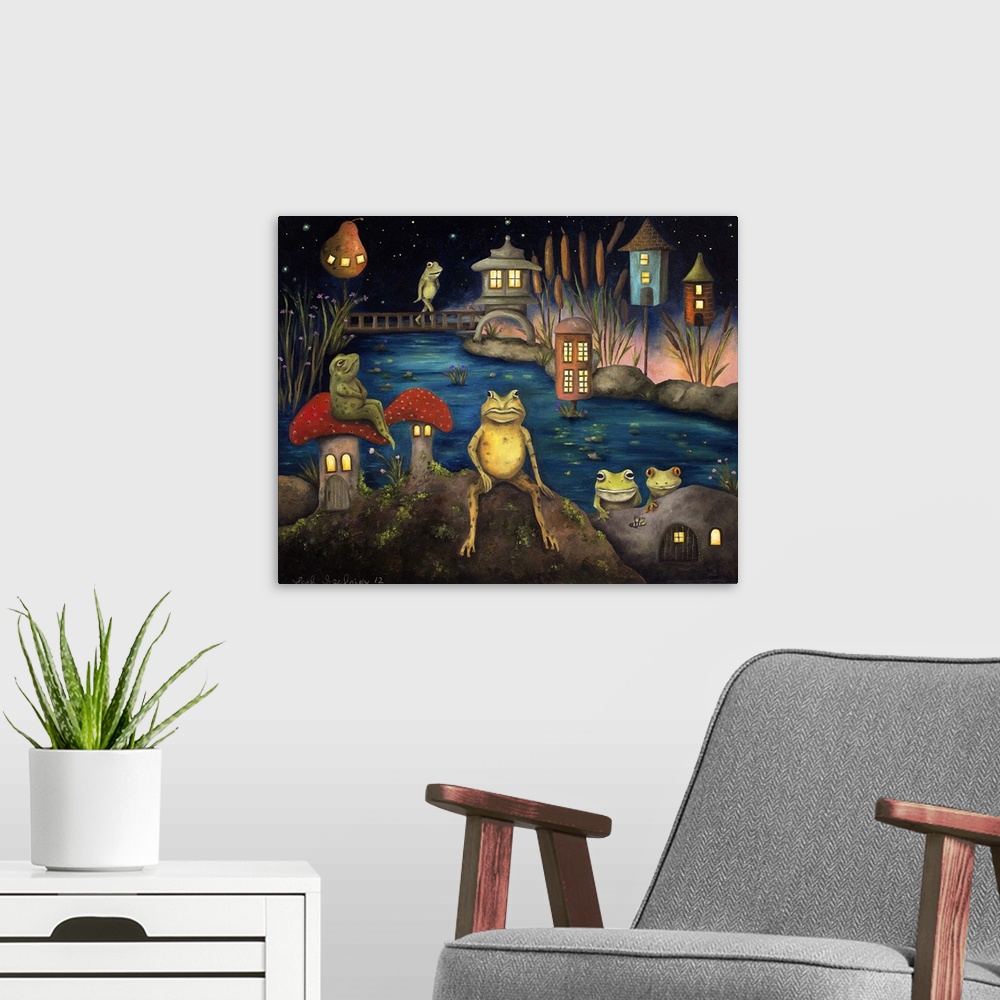 A modern room featuring Surrealist painting of a land inhabited by frogs.