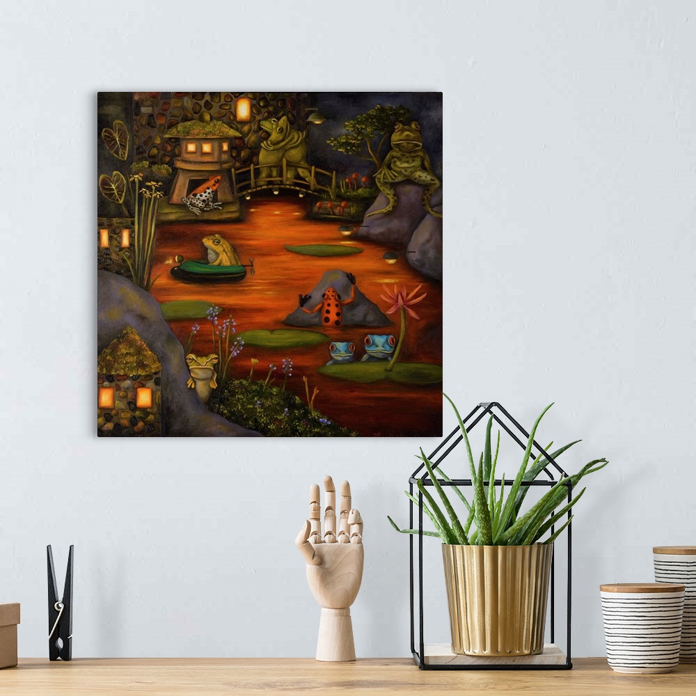 A bohemian room featuring Surrealist painting of a land inhabited by frogs.