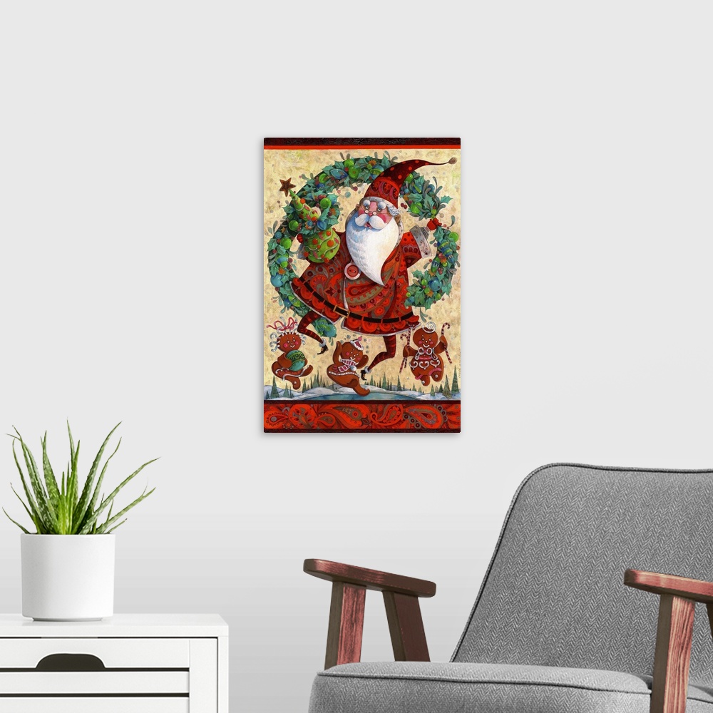 A modern room featuring Contemporary artwork of Santa Claus dancing merrily around gingerbread men.