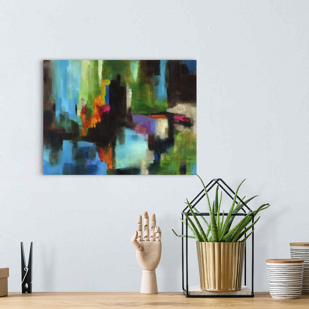 A bohemian room featuring Contemporary abstract painting with bright colors.