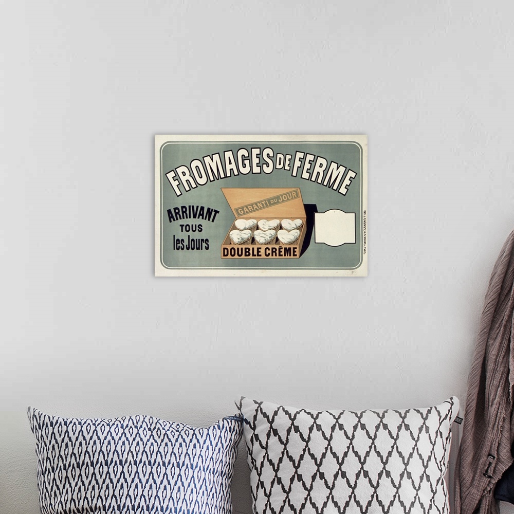 A bohemian room featuring Vintage poster advertisement for Fromages De Ferme.