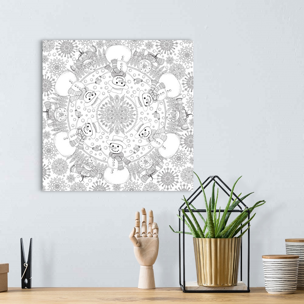 A bohemian room featuring Black and white line art of a Winter themed mandala made out of snowmen, snowflakes, and snow glo...