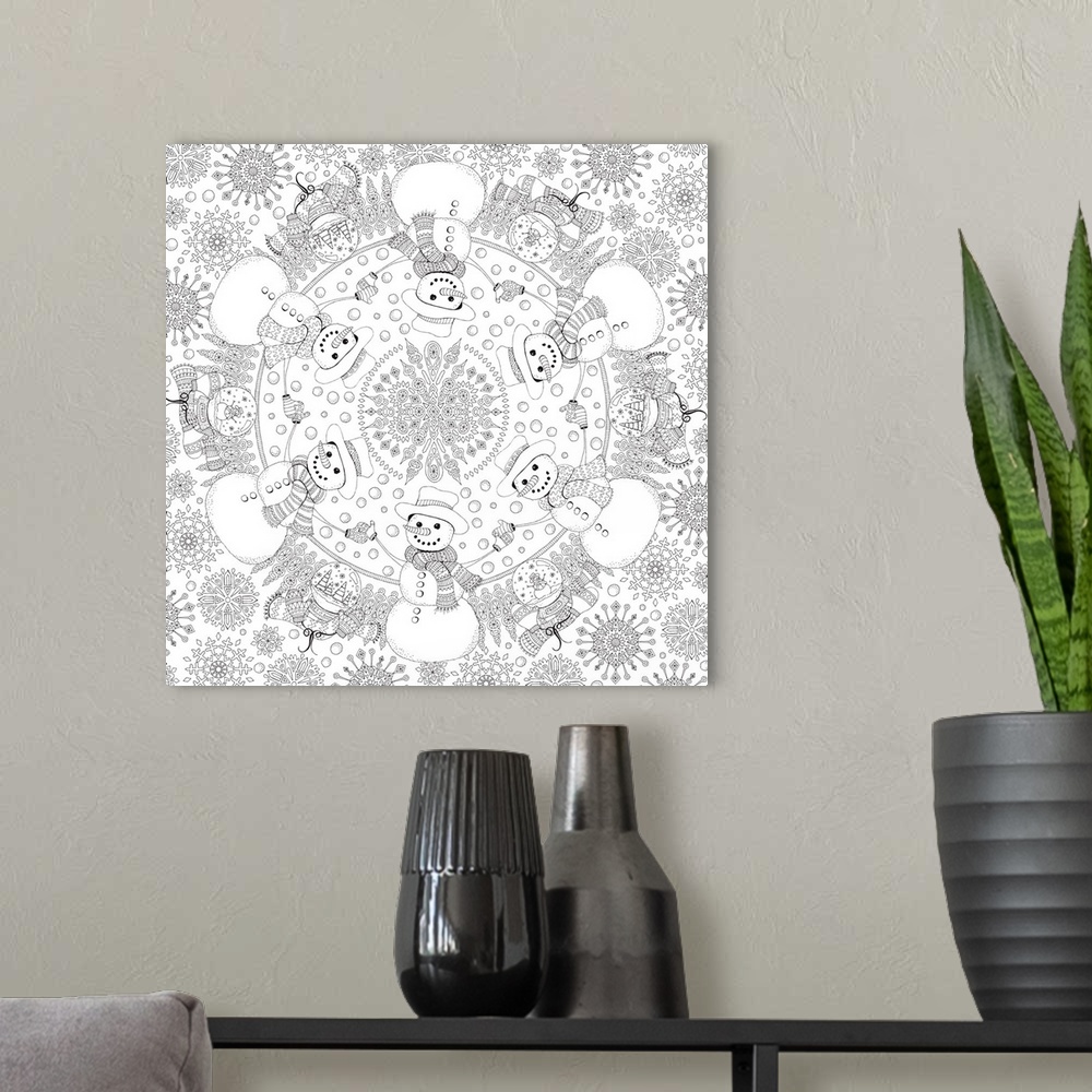 A modern room featuring Black and white line art of a Winter themed mandala made out of snowmen, snowflakes, and snow glo...